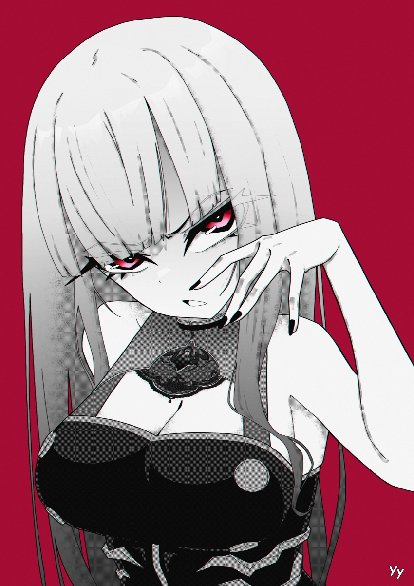 1girl absurdres bare_shoulders black_dress black_nails breasts commentary dress english_commentary highres hololive hololive_english long_hair lying mori_calliope nail_polish parted_lips pink_hair red_background red_eyes scowl see-through_clothes see-through_dress simple_background sleeveless sleeveless_dress solo virtual_youtuber yioyiot_art