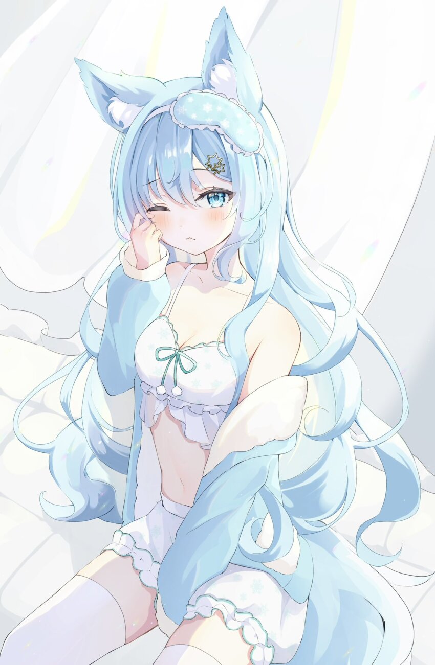 1girl animal_ears bare_shoulders bloomers blue_eyes blue_hair blue_jacket bra breasts cleavage commentary_request commission eye_mask fox_ears fox_girl hand_up highres indie_virtual_youtuber jacket long_hair long_sleeves looking_at_viewer mask navel off_shoulder one_eye_closed sakuragi_kohaku second-party_source shinohana_yukino sitting small_breasts solo spaghetti_strap underwear virtual_youtuber white_bloomers white_bra