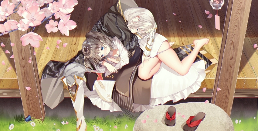 1boy 1girl :/ aqua_eyes asymmetrical_dress asymmetrical_footwear bare_legs barefoot black_boots black_dress black_robe blue_butterfly blue_eyes blush boneless_carp_(the_tale_of_food) boots branch brown_hair bug butterfly butterfly_hair_ornament cherry_blossom_print chinese_clothes chinese_commentary closed_mouth commentary_request couple covered_mouth curtained_hair daisy_(flower) dhfz181 dress falling_petals female_master_(the_tale_of_food) figure_four_sitting floral_print flower full_body grass grey_pants hair_ornament hand_on_another's_thigh hetero highres hood hood_down hooded_robe insect lap_pillow leaning_on_person long_hair long_sleeves lying medium_hair mismatched_footwear on_floor on_side panties pants pants_tucked_in panty_pull parted_bangs petals pink_petals pinstripe_dress pinstripe_pattern poking porch robe rock sandals scale_print shrug_(clothing) sitting skindentation the_tale_of_food thighs three-quarter_sleeves two-tone_dress two_side_up underwear unworn_sandals white_boots white_dress white_flower white_hair white_panties wind_chime wooden_floor yokozuwari