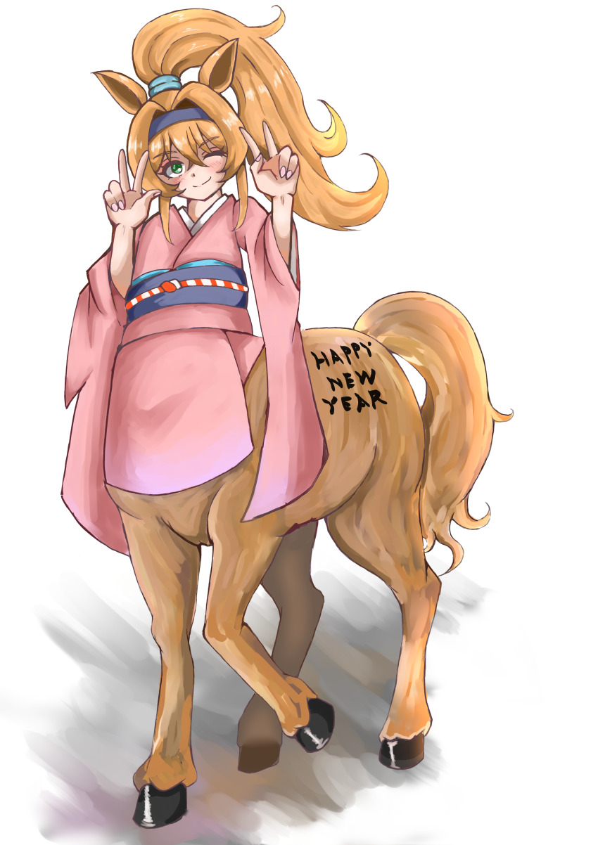 1girl ;) absurdres animal_ears black_headband blonde_hair blush body_writing centaur chinese_zodiac closed_mouth commentary_request crossed_bangs double_v full_body green_eyes hair_between_eyes happy_new_year headband high_ponytail highres hooves horse_ears horse_tail japanese_clothes kimono long_hair long_sleeves looking_at_viewer monster_girl multiple_legs new_year obi one_eye_closed original pink_kimono ponytail revision sash shadow sidelocks simple_background smile solo standing standing_on_three_legs tail taur v voga_(voga673703) white_background year_of_the_horse