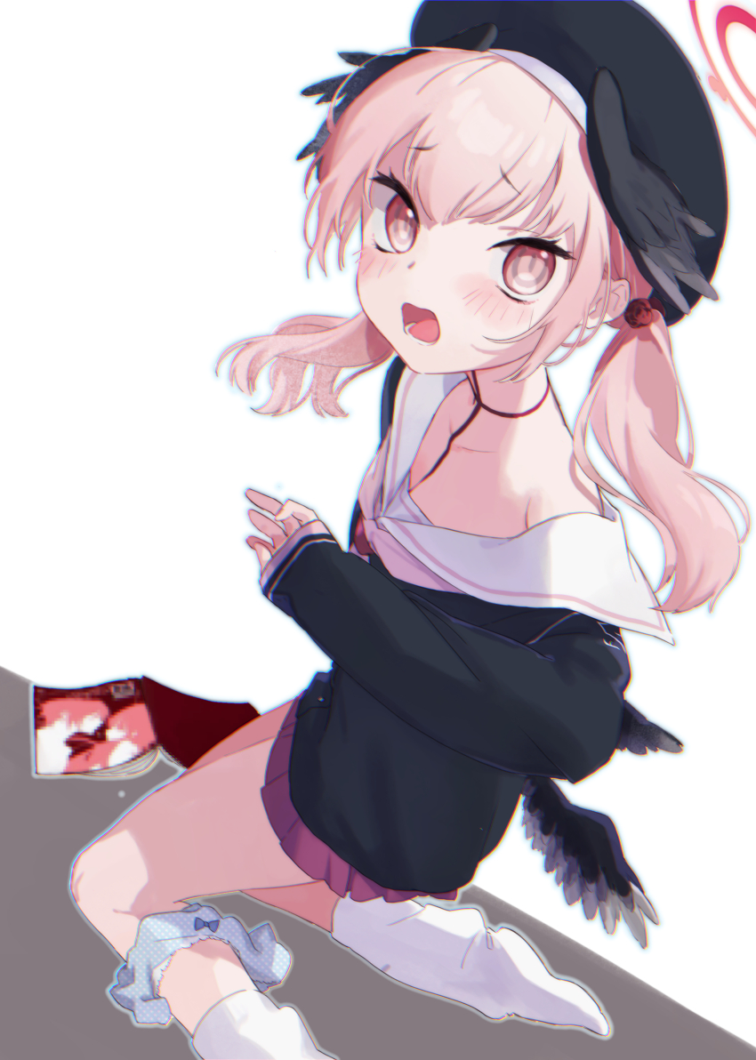 1girl absurdres beret black_choker black_hat black_shirt black_wings blue_archive blue_bow blue_panties blush bow bow_panties caught_masturbating censored choker collarbone commentary_request dutch_angle eyelashes feathered_wings foot_out_of_frame from_side furrowed_brow halo hand_up hat head_wings highres implied_masturbation kisaka kneeling koharu_(blue_archive) long_hair looking_at_viewer loose_socks low_wings lower_teeth_only miniskirt mosaic_censoring necktie no_shoes open_mouth panties panties_around_leg pink_eyes pink_hair pink_necktie pink_skirt pleated_skirt polka_dot polka_dot_panties red_halo sailor_collar school_uniform serafuku shirt simple_background single_bare_shoulder skirt sleeves_past_wrists slit_pupils socks solo surprised teeth twintails underwear white_background white_sailor_collar white_socks wings