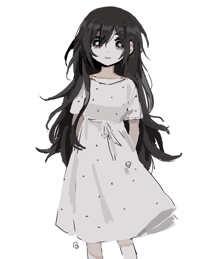 1girl absurdres arms_behind_back black_eyes black_hair bright_pupils closed_mouth commentary cowboy_shot dress hair_between_eyes highres long_hair looking_at_viewer mari_(faraway)_(omori) mari_(omori) messy_hair omori polka_dot polka_dot_dress ribbon short_sleeves simple_background smile solo standing sukinakoto1ppai white_background white_dress white_pupils