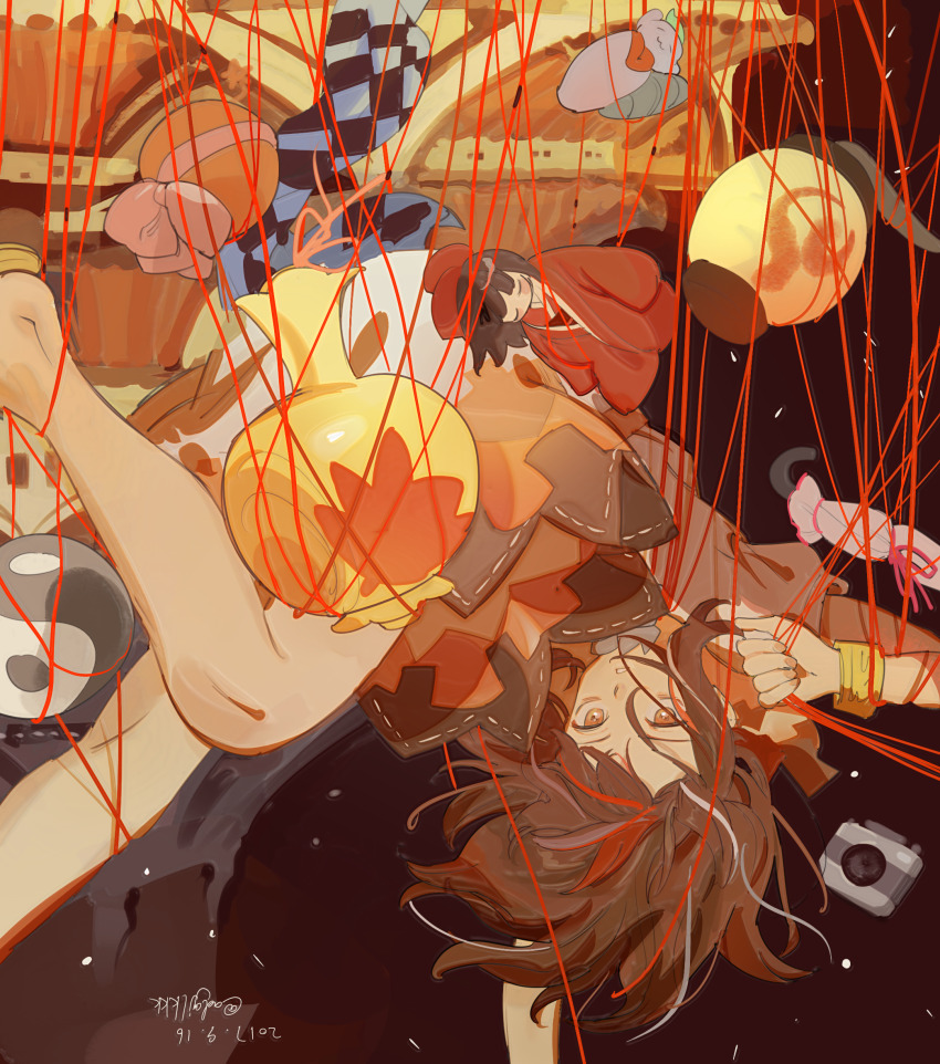 1girl black_hair black_skirt bracelet camera closed_umbrella dated doll entangled expressionless fingernails full_body highres jewelry jizou kijin_seija lantern looking_at_viewer miracle_mallet multicolored_hair multicolored_skirt nengo orb paper_lantern parasol parted_lips red_eyes red_hair red_skirt shirt skirt solo streaked_hair string touhou twitter_username umbrella upside-down white_hair white_shirt white_skirt yin_yang yin_yang_orb