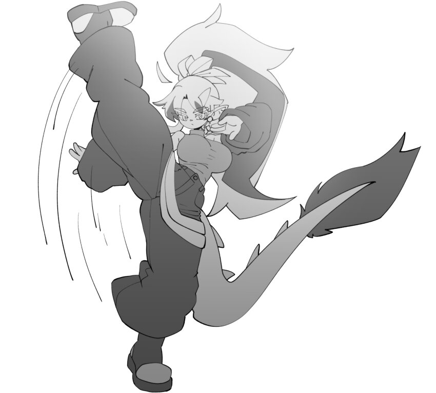 1girl absurdres ahoge bad_tag baggy_pants bare_shoulders boots breasts commentary detached_ahoge dragon_girl dragon_tail earrings english_commentary full_body greyscale gt_animates hair_ornament high_kick high_ponytail highres jewelry kicking large_breasts long_hair martial_arts monochrome original pants pants_tucked_in ponytail sandals sleeveless solo standing tail thick_eyebrows turtleneck very_long_hair wide_sleeves