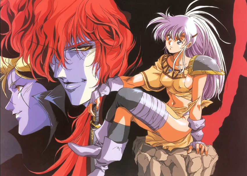 1990s_(style) 1girl 2boys armor asymmetrical_clothes bandaged_leg bandages blonde_hair blue_eyes boots covered_erect_nipples crossed_legs eyelashes fingerless_gloves gloves grey_boots grey_gloves grey_hair holding holding_sword holding_weapon legend_of_lemnear lemnear long_hair maid_headdress multiple_boys navel non-web_source official_art on_rock parted_lips pauldrons planted planted_sword planted_weapon red_hair retro_artstyle shiny_skin shoulder_armor single_pauldron sitting smile sword urushihara_satoshi weapon yellow_eyes