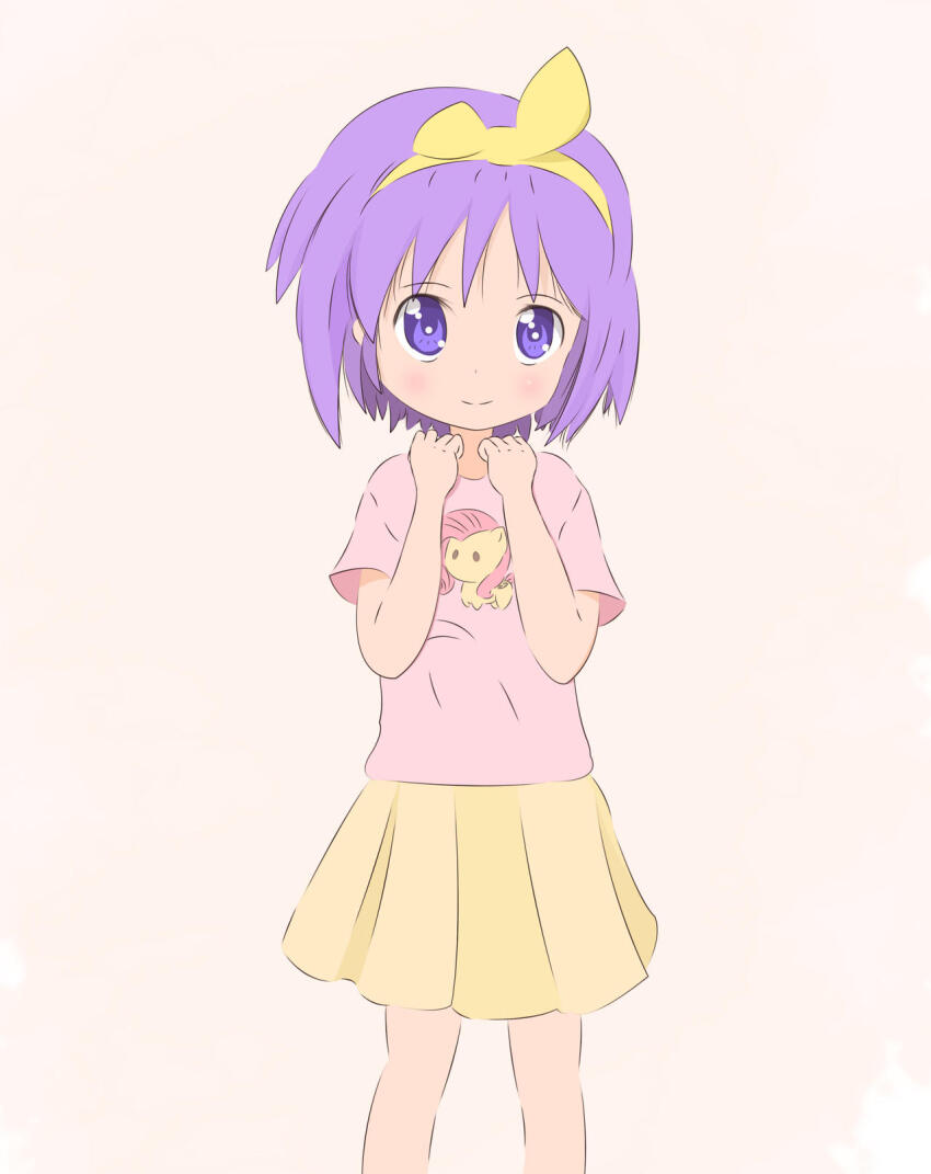 1girl animal_print blush character_print crossover fluttershy hair_ribbon hairband hasbro hiiragi_tsukasa horse_print looking_at_viewer lucky_star my_little_pony my_little_pony:_friendship_is_magic pink_shirt print_shirt purple_eyes purple_hair ribbon shirt short_hair short_sleeves skirt smile snickersoid standing white_background yellow_ribbon yellow_skirt