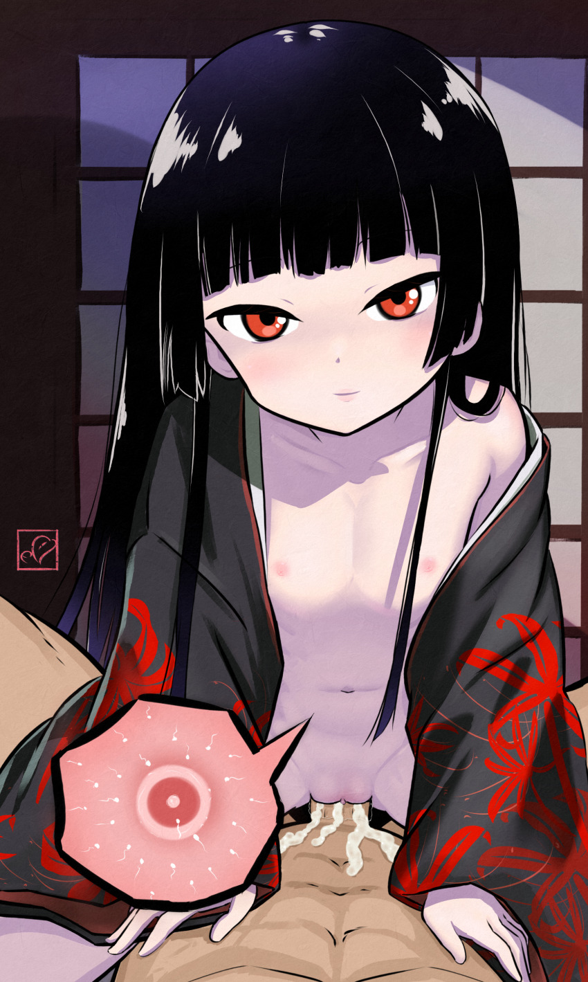 1boy 1girl absurdres artist_logo bad_tag black_hair black_kimono blush breasts clitoral_hood clitoris closed_mouth collarbone commission cowgirl_position cum cum_in_pussy elementary_(lolipope) enma_ai fertilization flat_chest flower flower_print girl_on_top half-closed_eyes hands_on_another's_chest happy happy_sex highres hime_cut impregnation japanese_clothes jigoku_shoujo kimono lips logo loli long_hair looking_at_viewer older_male_and_younger_female open_clothes open_kimono ovum pixiv_commission pov pussy pussy_juice red_eyes ribs screen_door sex small_breasts smile sperm_cell spider_lily straddling straight_hair vaginal visible_ribs