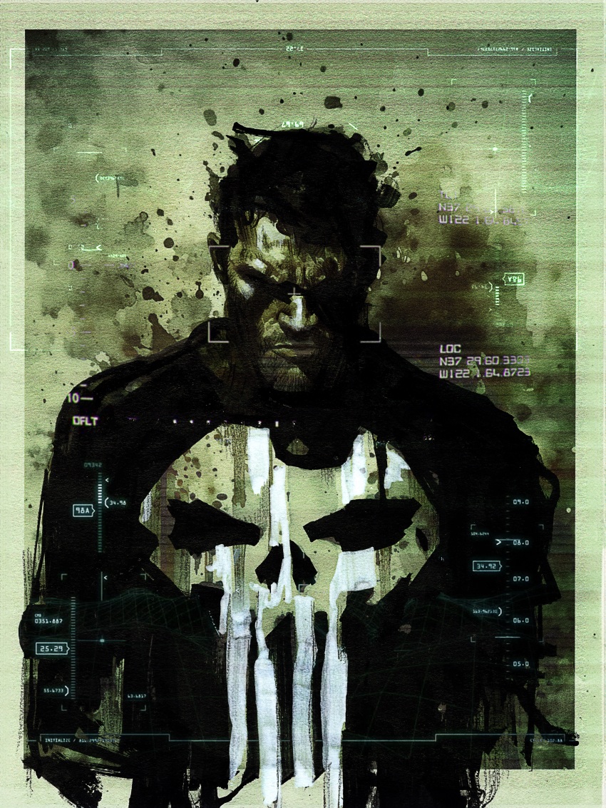 1boy absurdres black_hair border broad_shoulders brown_background comic_cover commentary crosshair english_commentary facial_hair highres ink male_focus marvel monitor outside_border painting_(medium) shaded_face shadow shirt short_hair skull_print solo stubble the_punisher_(character) the_punisher_(series) traditional_media viktor_farro western_comics_(style)