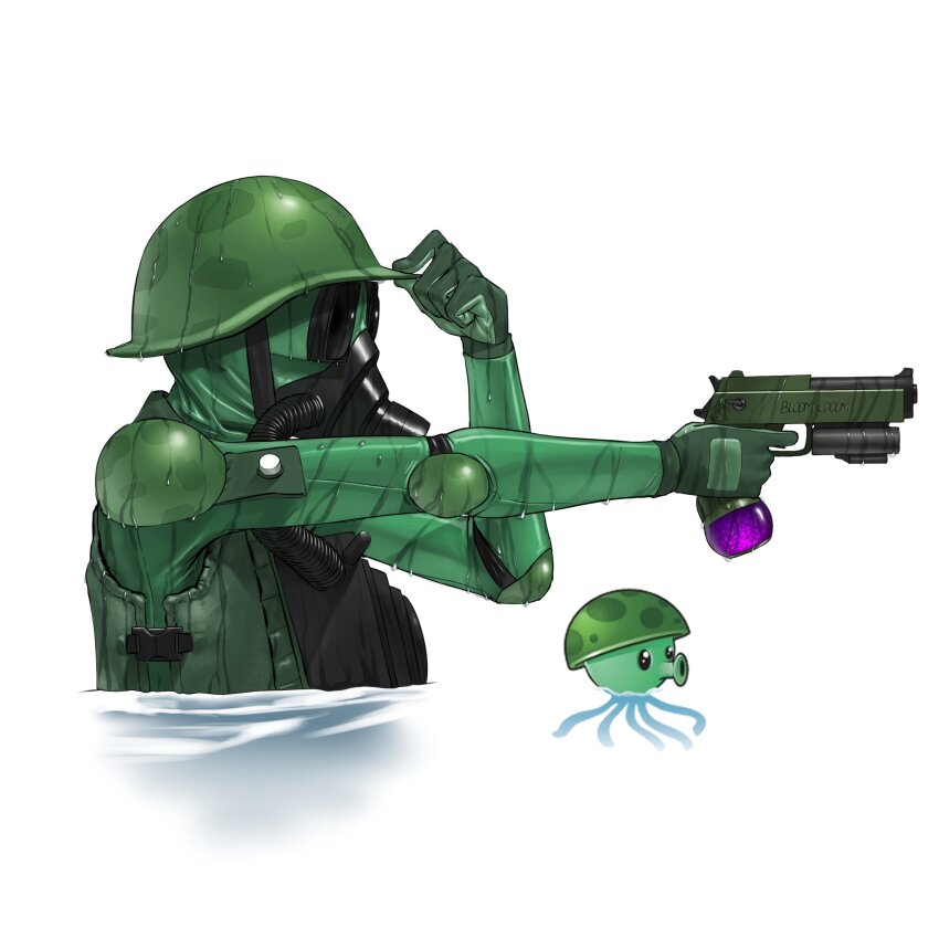 1boy absurdres adjusting_clothes adjusting_headwear arm_up armor artrextino bodysuit commentary_request facing_ahead from_side gas_mask green_bodysuit green_helmet green_mask gun handgun helmet highres holding holding_gun holding_weapon male_focus mask outstretched_arm partially_submerged personification plants_vs._zombies profile sea-shroom_(plants_vs._zombies) shoulder_armor simple_background solo spanish_commentary upper_body water weapon wet white_background
