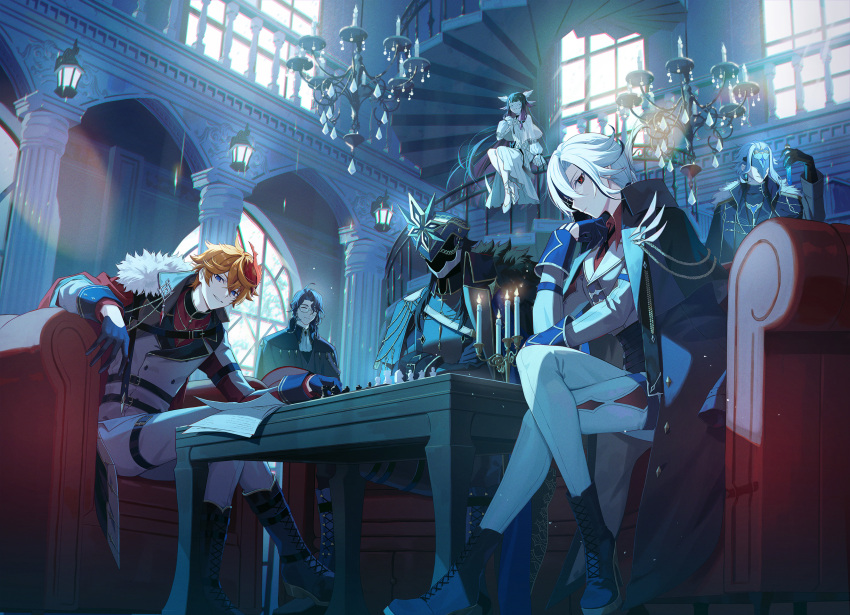 2girls 4boys ^_^ ahoge aiguillette arlecchino_(genshin_impact) armchair black_bow black_coat black_eyes black_footwear black_gloves black_hair black_ribbon black_shirt blue_coat blue_eyes blue_hair board_game boots bow buttons candelabra candle candlestand cape capitano_(genshin_impact) chair chandelier chess chess_piece closed_eyes closed_mouth coat coat_on_shoulders collared_coat collared_shirt columbina_(genshin_impact) column commentary_request couch covered_eyes cropped_jacket crossed_arms crossed_bangs crossed_legs dottore_(genshin_impact) double-breasted dress eye_mask eyewear_strap fire frilled_sleeves frills fur-trimmed_cape fur-trimmed_coat fur_trim genshin_impact glasses gloves gold_trim grey_coat grey_jacket grey_pants hair_between_eyes half_gloves hand_up head_wings helm helmet high_heels highres hinatsu holding holding_test_tube hoyofair indoors jacket lace-up_boots lapels light_particles long_hair long_sleeves looking_at_viewer mask mask_on_head medium_hair multicolored_hair multiple_boys multiple_girls neck_ribbon on_chair on_couch on_railing orange_hair pantalone_(genshin_impact) pants paper parted_bangs parted_lips pillar purple_hair railing red_cape red_mask red_pupils red_shirt ribbon semi-rimless_eyewear serious shirt shoes short_hair sidelocks sitting sleeve_cuffs smile stained_glass stairs stairwell streaked_hair symbol-shaped_pupils table tartaglia_(genshin_impact) test_tube thigh_strap under-rim_eyewear very_long_hair wall_lamp white_dress white_footwear white_hair white_mask white_pants white_wings window wing_collar wings wooden_table x-shaped_pupils