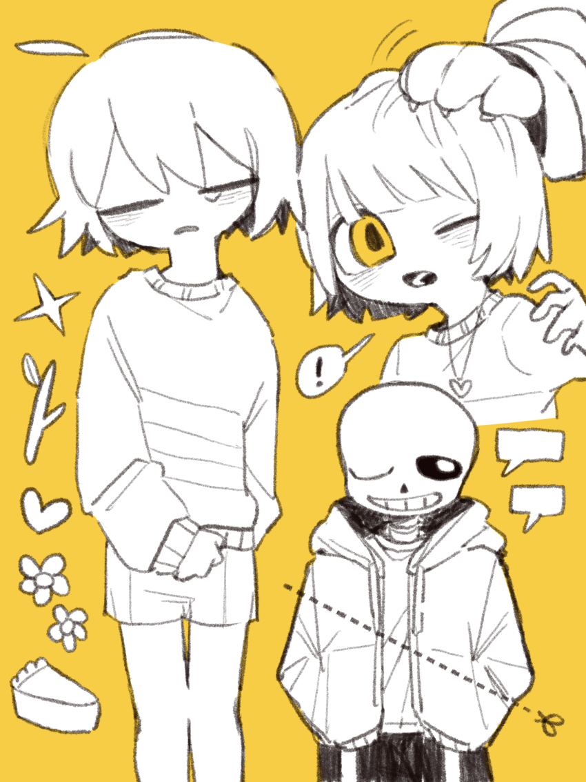 ! 1boy 1other black_shorts branch chara_(undertale) closed_eyes collared_sweater headpat heart heart_necklace highres jacket jewelry necklace one_eye_closed open_clothes open_jacket open_mouth out_of_frame partially_colored sans_(undertale) short_hair shorts skeleton spoken_exclamation_mark striped_clothes striped_sweater sweater tadeno tears teeth toriel undertale upper_body utdr_(toby_fox) yellow_background