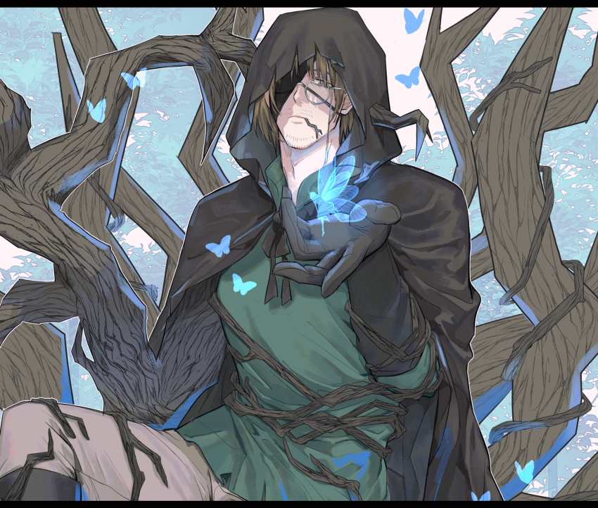 1boy absurdres against_tree alternate_costume bare_tree beard beard_stubble black_boots black_cloak black_gloves blue_butterfly blue_tunic boots branch brown_eyes brown_hair bug butterfly cloak closed_mouth covered_eyes cowboy_shot day e.g.o_(project_moon) expressionless eyepatch facial_hair faelantern_(project_moon) fairy feet_out_of_frame forest from_front frown glasses gloves glowing glowing_butterfly grass green_shirt gregor_(project_moon) hair_between_eyes hair_down hair_intakes hair_over_one_eye half-closed_eye half-closed_eyes hand_up highres hood hood_up hooded_cloak horns in_tree insect jitome lantern_(e.g.o) laurels limbus_company long_hair long_sleeves looking_at_butterfly looking_at_viewer magic male_focus messy_hair mouth_hold nature official_alternate_costume one_eye_covered open_hand outdoors outstretched_hand pants parted_bangs photoshop_(medium) plant plant_roots project_moon ribbon rimless_eyewear round_eyewear shirt simple_background sitting sitting_in_tree sky solo stubble torn_clothes torn_tunic tree tunic uibou00000 upper_body vines white_pants wooden_arm