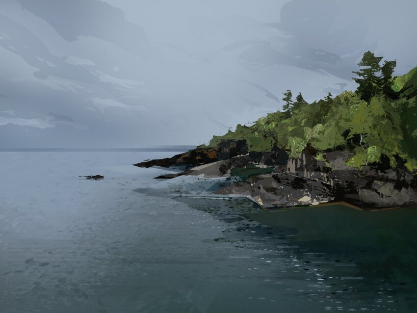 absurdres cloud cloudy_sky commentary day grey_sky highres landscape mountainous_horizon nature no_humans original outdoors painterly ripples scenery shore sky surf symbol-only_commentary tree twulfs water