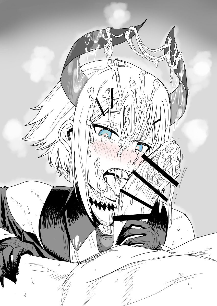 1boy 1girl absurdres bar_censor bare_shoulders blue_eyes blush censored commentary_request cum cum_on_body cum_on_hair cum_on_horns facial gloves greyscale hair_ornament hairclip highres horns kaiman_garupan levi_elipha levi_elipha_(1st_costume) monochrome nijisanji nude open_mouth penis pov pov_crotch solo_focus spot_color steam teeth tongue tongue_out virtual_youtuber