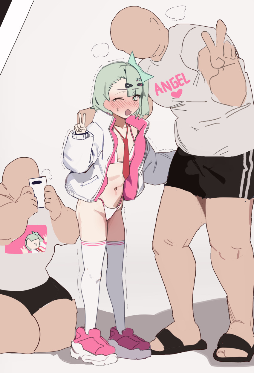 1girl 2boys absurdres age_difference bald bikini black_sandals black_shorts blue_eyes chinatsu_remiel commentary faceless faceless_male fat fat_man flat_chest green_eyes green_hair grey_background gya_rb height_difference highres jacket loli micro_bikini multiple_boys navel necktie one_eye_closed open_clothes open_jacket pink_shoes red_necktie sandals shoes shorts size_difference standing swimsuit symbol-only_commentary thighhighs white_jacket white_thighhighs zenless_zone_zero