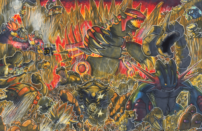 alternate_color camerupt claws commentary cubone debris diggersby diglett donphan drilbur dugtrio english_commentary gen_1_pokemon gen_2_pokemon gen_3_pokemon gen_4_pokemon gen_5_pokemon gen_6_pokemon groudon highres hippopotas hippopotas_(male) hippowdon hippowdon_(male) landorus landorus_(therian) lava legendary_pokemon marowak mega_camerupt mega_pokemon mega_swampert motion_lines nintendo no_humans numel onix open_mouth palpitoad phanpy pokemon pokemon_(creature) pokemon_focus primal_groudon rhydon rhyhorn rhyperior sandshrew sandslash seismitoad sharp_teeth shiny_and_normal shiny_pokemon spikes swampert takkun_(takkun_art) teeth traditional_media trapinch