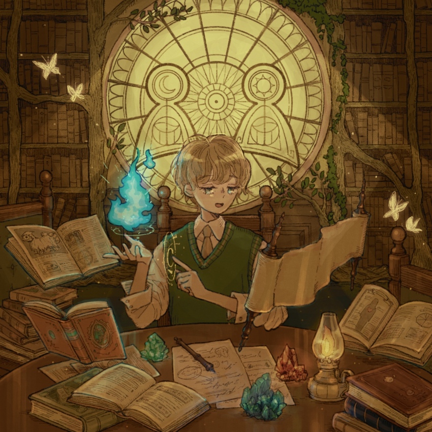 1boy aqua_eyes aqua_gemstone blue_fire book book_stack bookshelf brown_hair bug butterfly casting_spell chair commentary crystal day english_commentary fire floating floating_book floating_object gem green_gemstone green_vest highres insect ivy jacket kerosene_lamp looking_at_object magic mixed-language_commentary necktie on_chair open_book open_clothes open_cuffs open_jacket open_mouth original port_(portzzz) reading red_gemstone scroll shirt short_hair solo sunlight too_many too_many_books upper_body vest wand white_shirt window wooden_chair
