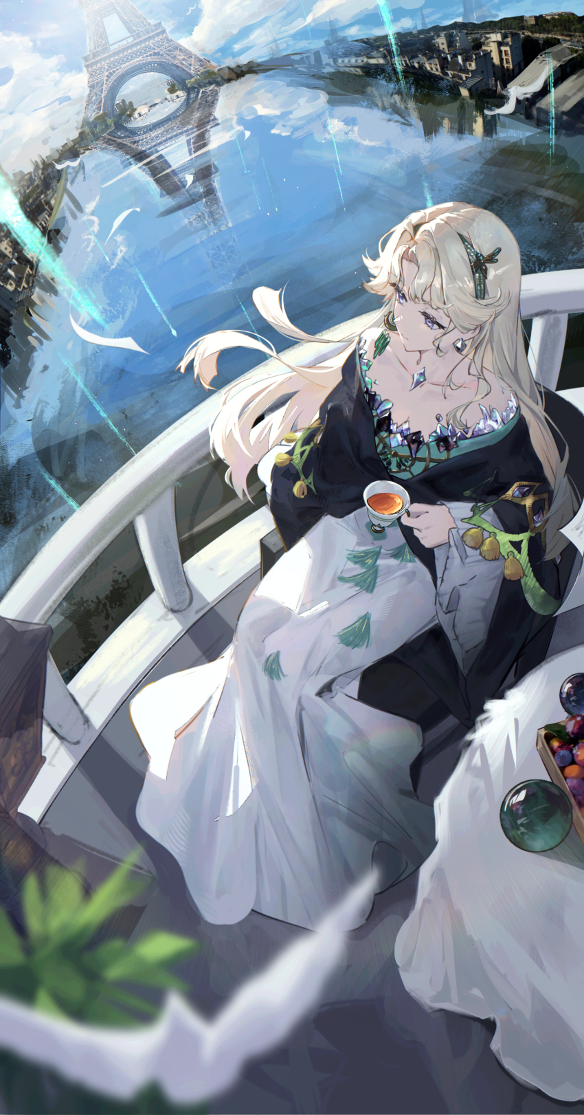 1girl absurdres beryl_bouanich blue_eyes closed_mouth commentary_request cup dress earrings eiffel_tower from_above highres holding holding_cup jewelry long_hair long_sleeves outdoors paris rain reverse:1999 sasa_(sasa_ekakiman) sitting solo water white_dress white_hair