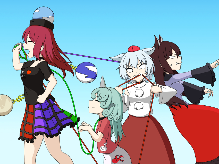 4girls ^_^ angry animal_ears biting black_choker black_collar black_shirt black_sleeves blue_background brown_hair chain choker clenched_teeth closed_eyes closed_mouth clothes_writing cloud_print collar commentary_request curly_hair detached_sleeves dress fangs feet_out_of_frame fingernails from_side gold_chain gradient_background green_hair green_skirt grey_dress grey_hair grey_sleeves growling hair_between_eyes hat heart heart_print hecatia_lapislazuli highres holding holding_leash horns imaizumi_kagerou inubashiri_momiji kariyushi_shirt komainu_ears komano_aunn leash long_fingernails long_hair long_skirt long_sleeves medium_hair multicolored_skirt multiple_girls no_tail okamochi_(pi-chiki) open_mouth orb outstretched_arms paw_pose plaid_clothes plaid_skirt pleated_skirt pom_pom_(clothes) pulling purple_skirt red_dress red_hair red_hat red_nails red_shirt red_skirt resisting sharp_teeth shirt short_hair short_sleeves single_horn skirt split_mouth sweatdrop teeth tokin_hat touhou two-tone_dress two-tone_sleeves v-shaped_eyebrows walking white_background white_shirt white_skirt wide_sleeves wolf_ears wolf_girl