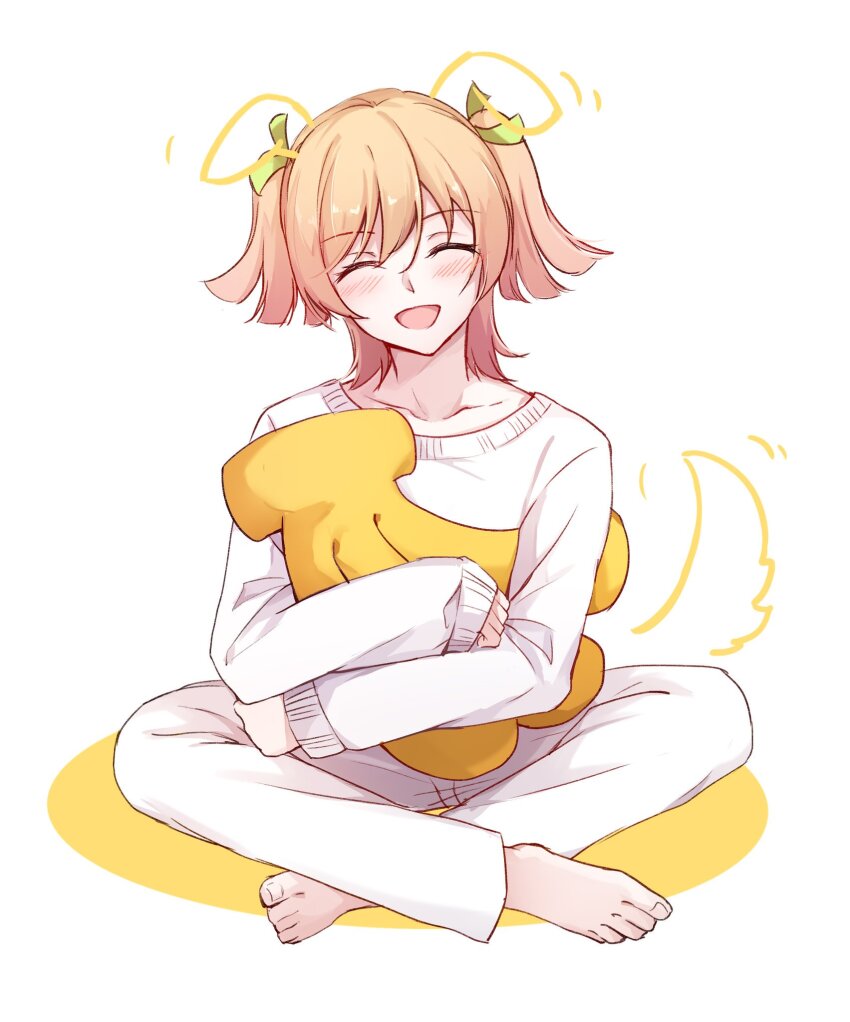 1girl :d ^_^ animal_ears banana barefoot blonde_hair blush clenched_hands closed_eyes collarbone commentary_request daiba_nana dog_ears dog_tail drawn_ears drawn_tail facing_viewer food fruit full_body gemi_25 green_ribbon hair_ribbon highres hugging_doll hugging_object indian_style long_sleeves motion_lines open_mouth pajamas pants ribbon shirt short_hair shoujo_kageki_revue_starlight simple_background single_sleeve_past_wrist sitting smile solo stuffed_food tail tail_wagging two-tone_background two_side_up white_background white_pajamas white_pants white_shirt yellow_background