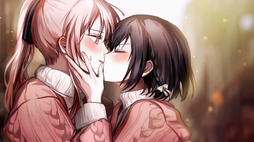 1girl 1other akiyama_mizuki androgynous blurry blurry_background blush braid brown_hair closed_eyes fingernails from_side hand_on_another's_face hand_up hashtag-only_commentary highres kiss kitt_yii long_hair long_sleeves nape nervous_sweating parted_lips pink_eyes pink_hair ponytail project_sekai shinonome_ena short_hair single_braid sweat turtleneck upper_body