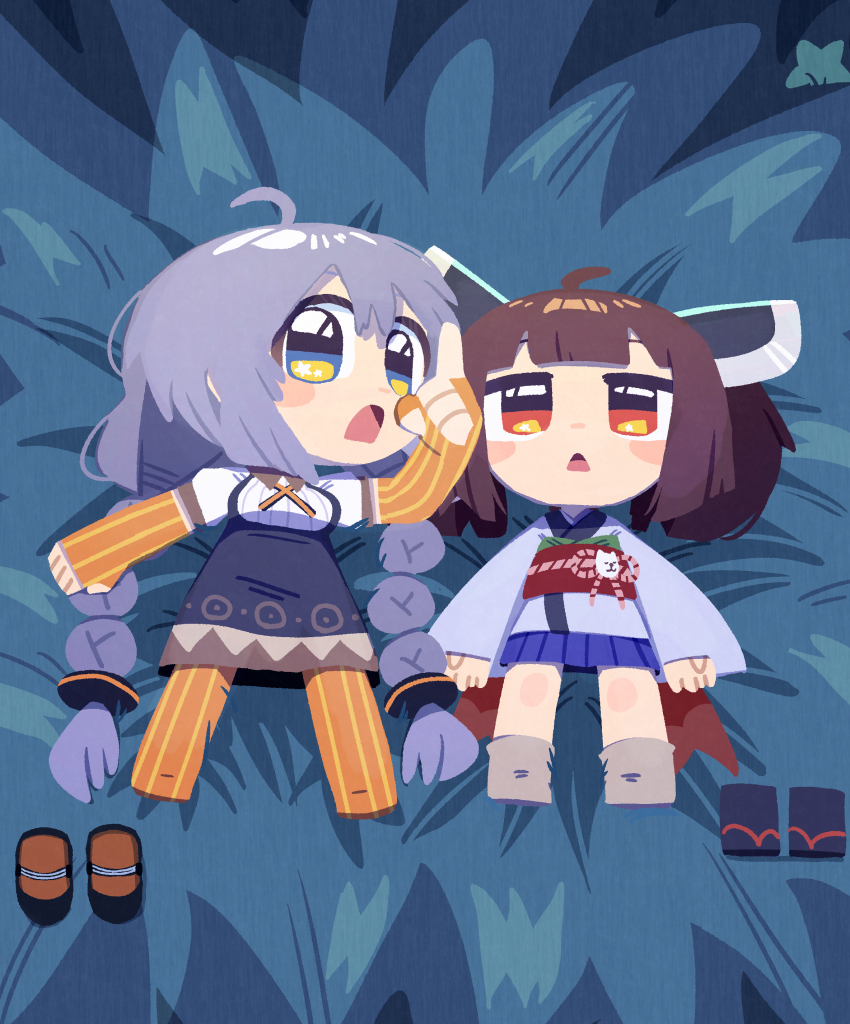 2girls absurdres ahoge black_sandals black_shoes blue_eyes blunt_bangs blush_stickers brown_hair chibi chibi_only commentary_request double-parted_bangs elbow_gloves fingerless_gloves full_body gloves grey_hair grey_socks hair_between_eyes headgear highres japanese_clothes kimono kizuna_akari konohoshi long_hair long_sleeves lying multiple_girls night no_shoes obi okobo on_back on_ground open_mouth orange_gloves orange_pantyhose outdoors pantyhose platform_sandals pointing red_eyes red_sash sandals sash shoes short_hair socks striped_clothes striped_gloves striped_pantyhose touhoku_kiritan unworn_sandals unworn_shoes voiceroid white_kimono wide_sleeves