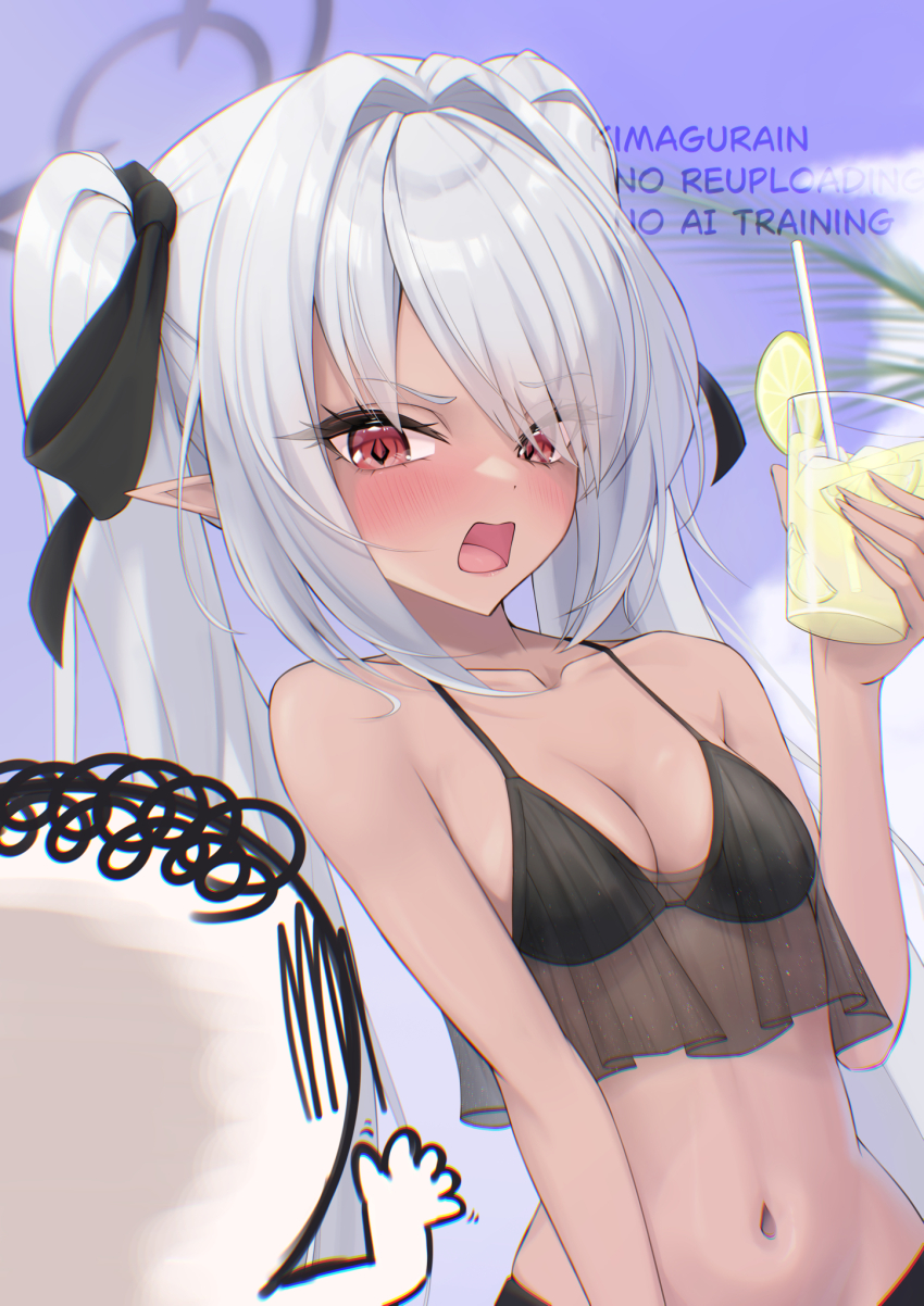 1boy 1girl angry bare_shoulders bikini black_bikini black_bow blue_archive blush bow breasts cleavage collarbone commentary cup dark-skinned_female dark_skin day doodle_sensei_(blue_archive) drink dutch_angle embarrassed eyelashes eyes_visible_through_hair food fruit grey_hair grey_halo hair_bow hair_intakes hair_over_one_eye halo hand_up highres holding holding_cup iori_(blue_archive) iori_(swimsuit)_(blue_archive) kimagurain lemon lemon_slice long_hair looking_at_another medium_breasts navel official_alternate_costume open_mouth outdoors pointy_ears red_eyes sensei_(blue_archive) sidelocks slit_pupils solo_focus swimsuit tsurime twintails v-shaped_eyebrows very_long_hair