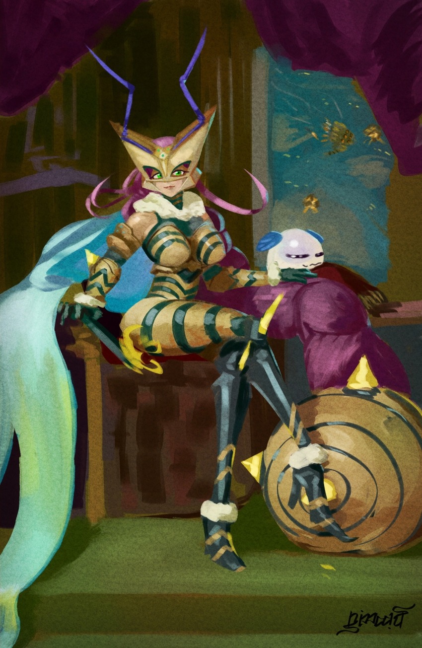 antennae arthropod_girl digimon digimon_(creature) long_hair mask nimadj pupumon queenbeemon sitting very_long_hair