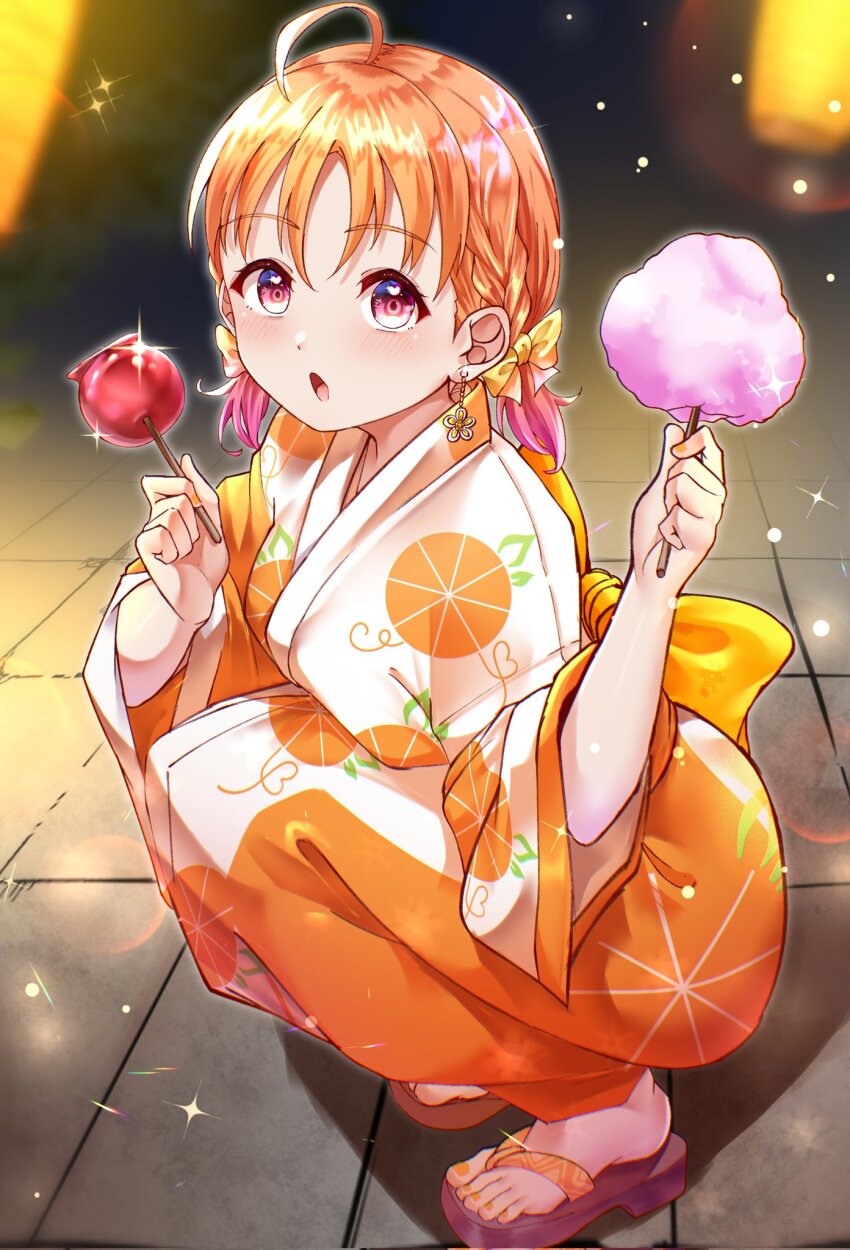 1girl alternate_costume blush candy_apple cotton_candy earrings food highres japanese_clothes jewelry kimono kuntze looking_at_viewer love_live! love_live!_sunshine!! open_mouth orange_eyes orange_hair orange_kimono outdoors sandals short_hair solo squatting takami_chika yukata