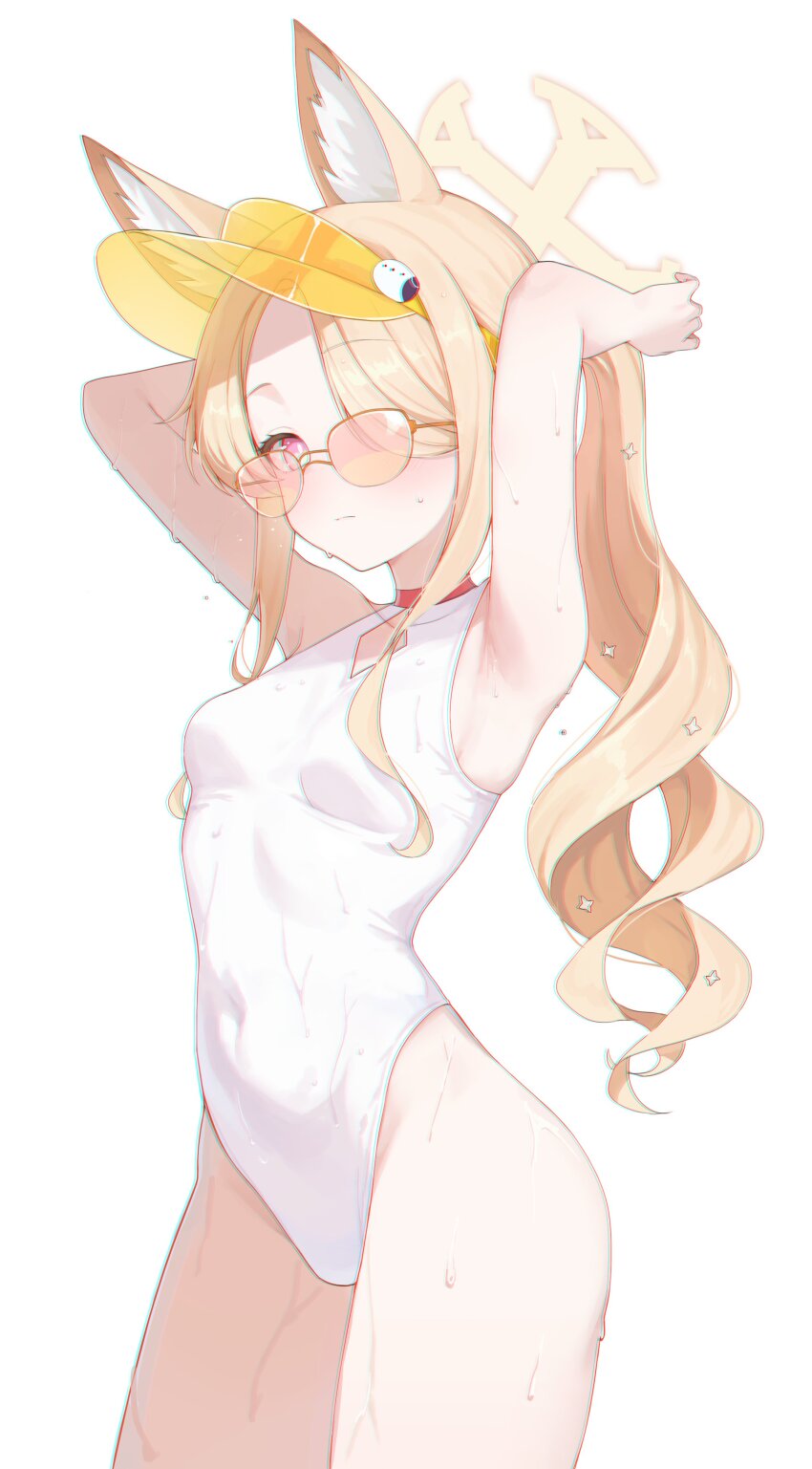 1girl above-cleavage_cutout absurdres adjusting_hair animal_ear_fluff animal_ears armpits arms_up bare_shoulders blue_archive breasts clothing_cutout glasses hair_over_one_eye halo hat highleg highleg_one-piece_swimsuit highres loli long_hair looking_ahead official_alternate_costume one-piece_swimsuit parted_bangs pink_eyes seia_(blue_archive) seia_(swimsuit)_(blue_archive) simple_background small_breasts solo standing swimsuit thighs tinted_eyewear very_long_hair visor_cap wavy_hair wet white_background white_one-piece_swimsuit yellow-tinted_eyewear yellow_halo yeohye_s2