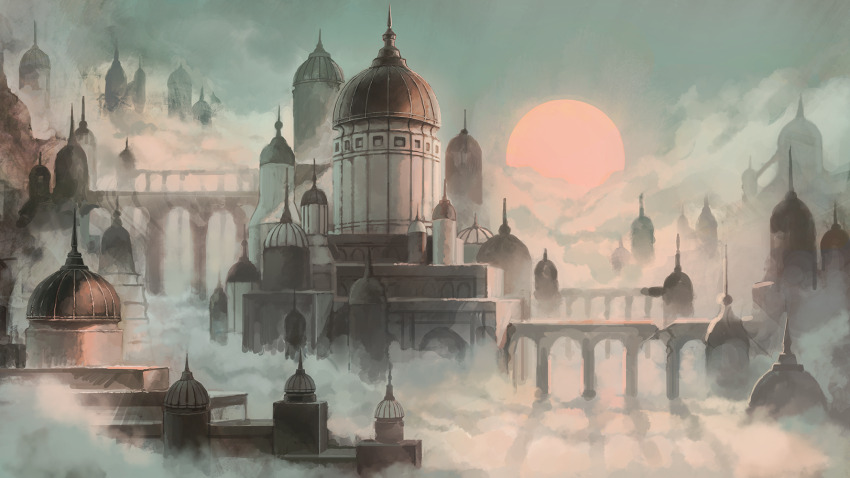 bridge building evening fog highres no_humans original outdoors scenery somei_yoshinori sun tower