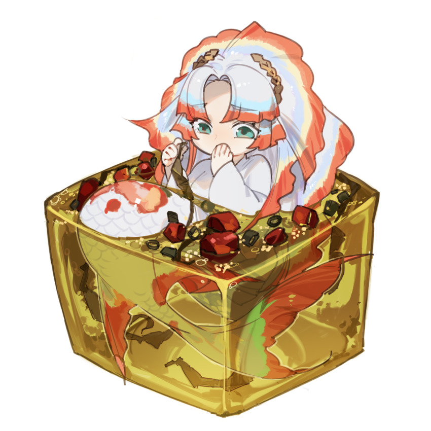 1girl aqua_eyes blonde_hair blue_hair character_request chibi code009 covering_own_mouth cube fins food food_request grey_hair hair_ornament hand_over_own_mouth hands_up head_fins holding holding_food in_food japanese_clothes kimono koi long_hair long_sleeves mermaid mini_person minigirl monster_girl multicolored_hair orange_hair parted_bangs partially_submerged shanhai_jing_hua simple_background solo soup white_background white_kimono wide_sleeves