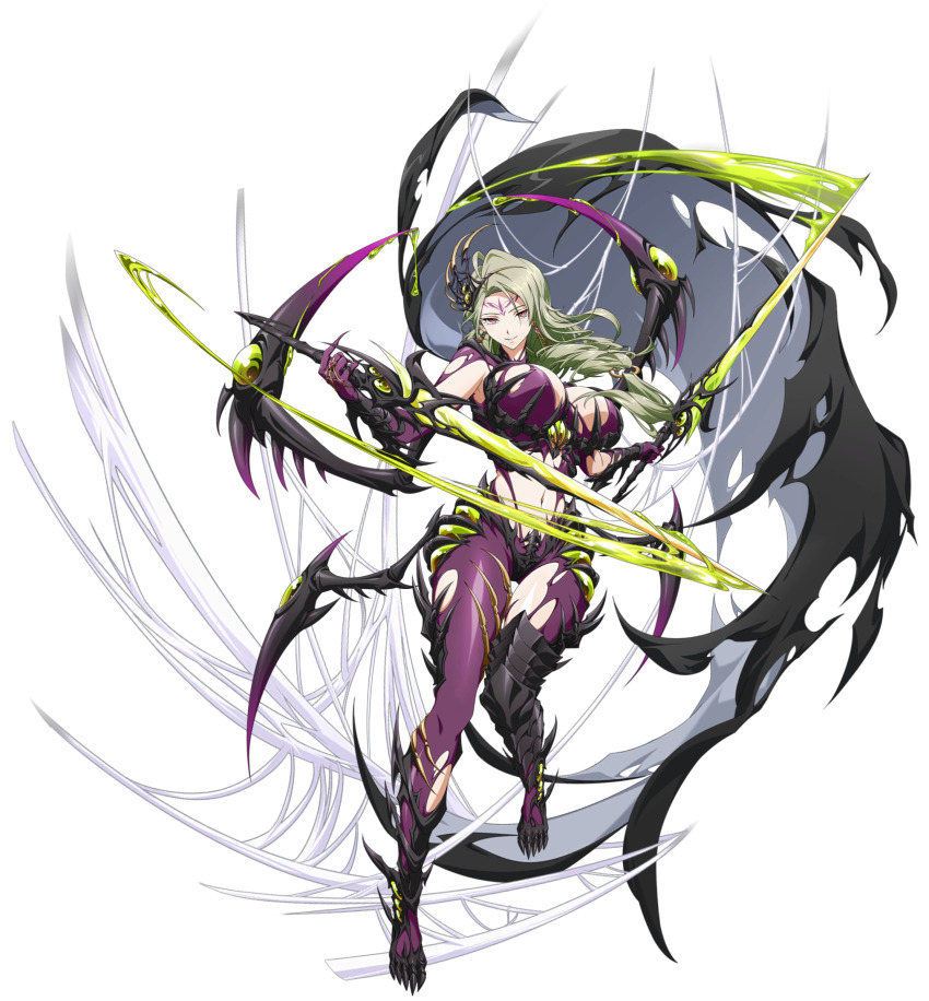 1girl absurdres armor armored_boots arthropod_limbs black_armor black_boots black_cape bodysuit boots breasts cape cleavage clothing_cutout come_hither dripping dual_wielding dynamic_pose earrings facial_mark fingernails floating_cape floating_clothes floating_hair forehead_mark full_body game_cg greaves green_hair grey_cape hair_between_eyes hair_ornament highres holding holding_sword holding_weapon huge_breasts impossible_bodysuit impossible_clothes jewelry knee_guards langrisser langrisser_mobile leg_armor leg_up liquid long_fingernails long_hair looking_at_viewer low-tied_long_hair multiple_weapons navel o-ring official_alternate_costume official_art parted_hair parted_lips poison ponytail purple_bodysuit red_eyes revealing_clothes reverse_grip ring second-party_source seductive_smile seraphina_(langrisser) sharp_toenails silk simple_background skin_tight smile smirk solo spider_web standing standing_on_one_leg stomach sword tachi-e toenails torn_bodysuit torn_cape torn_clothes transparent_background two-tone_cape vambraces venom_sword weapon