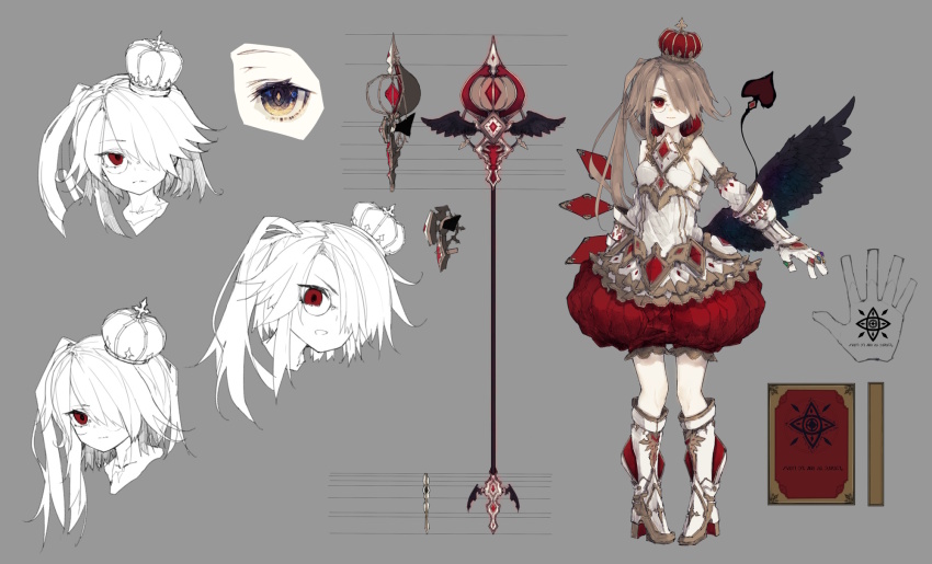 1girl angry book boots breasts brown_hair concept_art crown crystar demon_tail full_body high_heel_boots high_heels highres long_hair mephis_(crystar) multiple_expressions multiple_views official_art puffy_shorts red_eyes riuichi shorts side_ponytail single_wing small_breasts staff tail wings