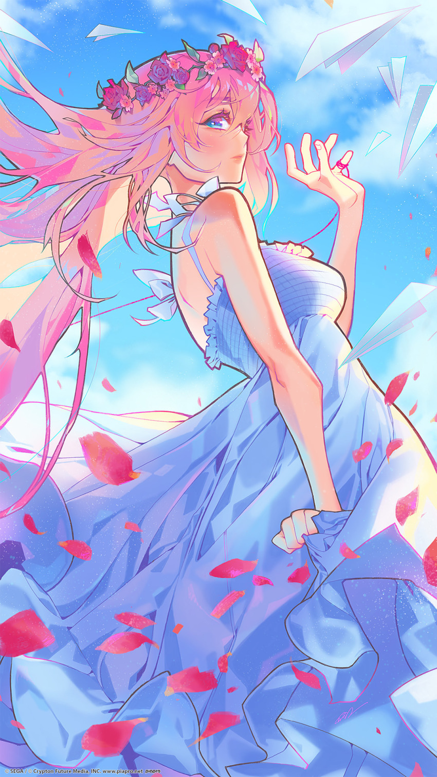 1girl barachan bare_arms bare_shoulders blue_eyes blue_sky blush breasts closed_mouth cloud cloudy_sky commentary copyright_name copyright_notice dress dutch_angle english_commentary eyelashes floating_hair flower flower_wreath from_behind hand_up highres just_be_friends_(vocaloid) large_breasts long_dress long_hair looking_at_viewer looking_back megurine_luka official_art paper_airplane petals pink_flower pink_rose project_diva_mega39's rose shirt_hold sidelocks sideways_glance sky sleeveless sleeveless_dress solo spaghetti_strap string string_around_finger string_of_fate very_long_hair vocaloid watermark web_address white_dress white_flower