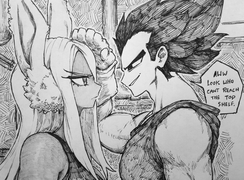 1boy 1girl animal_ears boku_no_hero_academia chronozbergh dragon_ball dragon_ball_super dragonball_z english_text eye_contact face-to-face gloves highres looking_at_another mirko monochrome muscular muscular_male rabbit_ears shirt sleeveless sleeveless_shirt smile spiked_hair vegeta