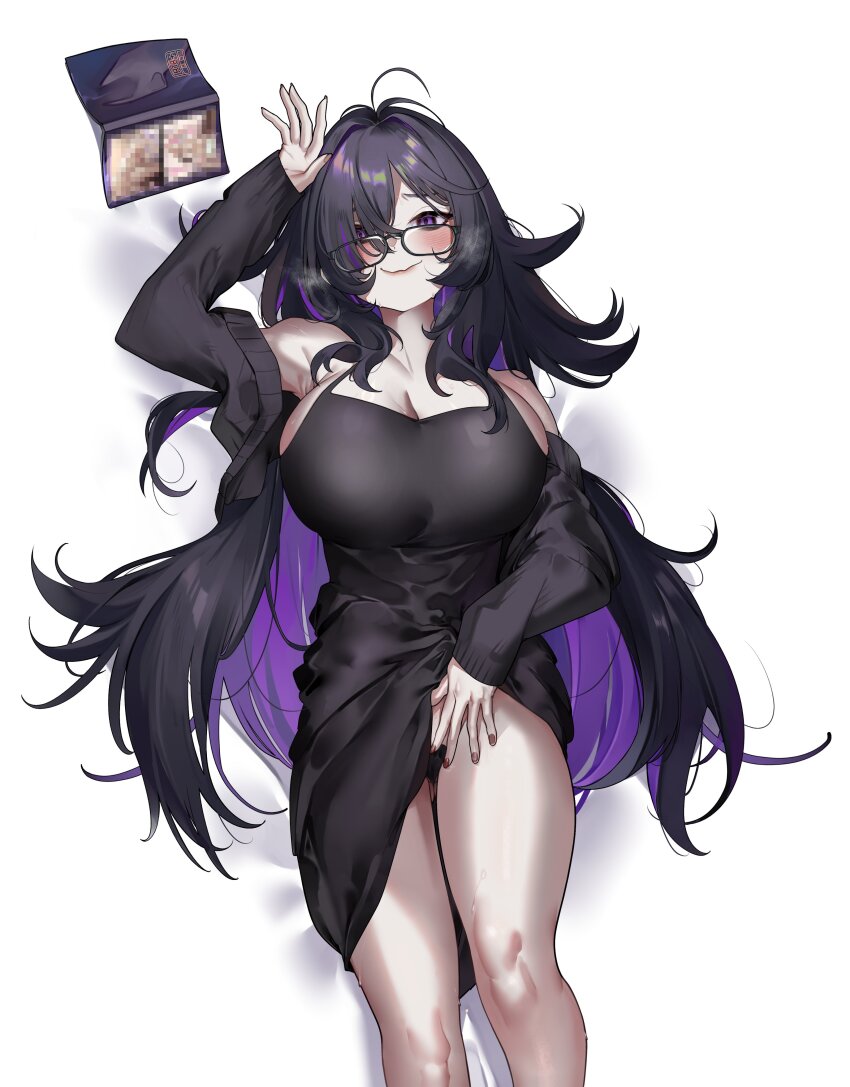 1girl absurdres ahoge bed_sheet black-framed_eyewear black_cardigan black_dress black_hair blush book breasts cardigan cleavage closed_mouth clothes_lift colored_inner_hair commentary dress dress_lift eredhen glasses goddess_of_victory:_nikke hair_over_one_eye heart_maebari highres label_(nikke) large_breasts long_hair looking_at_viewer lying maebari messy_hair multicolored_hair no_panties on_back open_book purple_eyes purple_hair purple_streaks sidelocks sleeveless sleeveless_dress smile solo two-tone_hair very_long_hair