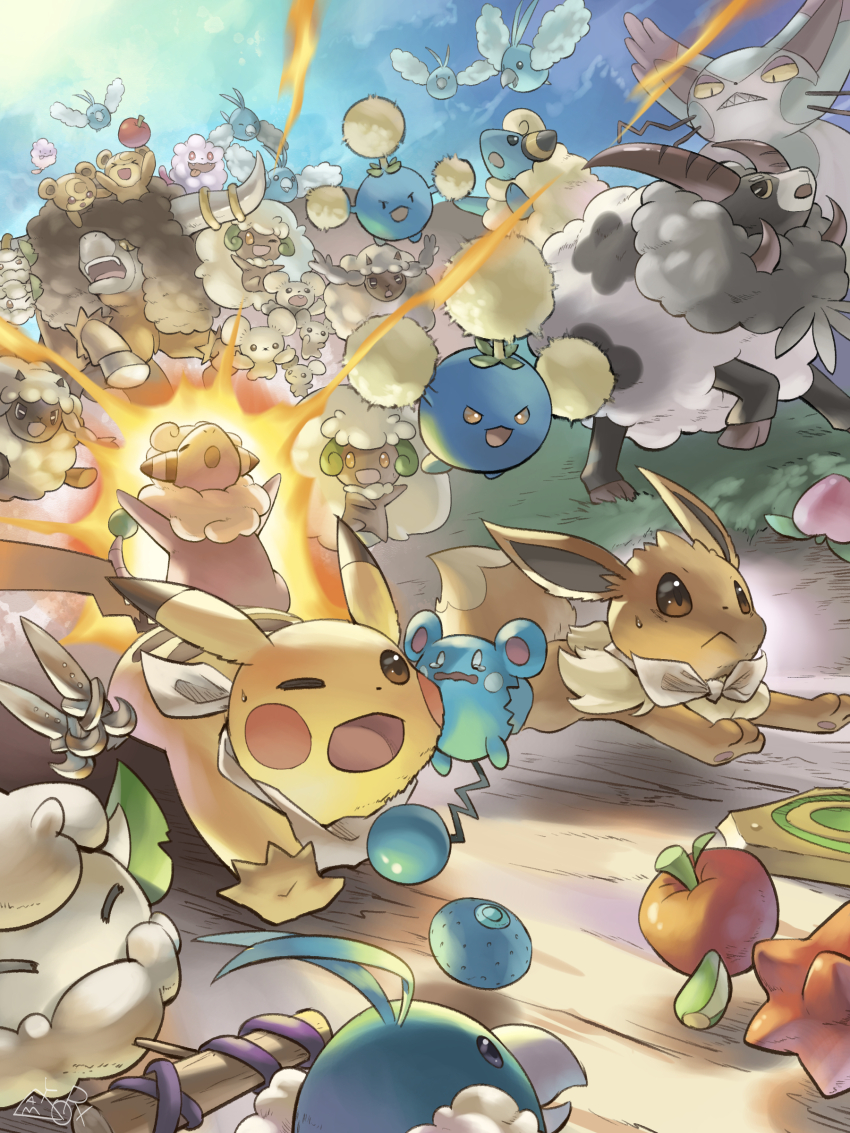 absurdres apple azurill bouffalant closed_eyes clothed_pokemon cottonee crying crying_with_eyes_open dubwool eevee flaaffy food fruit gen_1_pokemon gen_2_pokemon gen_3_pokemon gen_4_pokemon gen_5_pokemon gen_6_pokemon gen_8_pokemon highres jumpluff mareep maushold maushold_(family_of_four) nintendo no_humans one_eye_closed open_mouth pikachu pokemon pokemon_(creature) pokemon_mystery_dungeon purugly swablu swirlix tears teddiursa whimsicott wooloo yamaori_(hakkentai_pokedan)