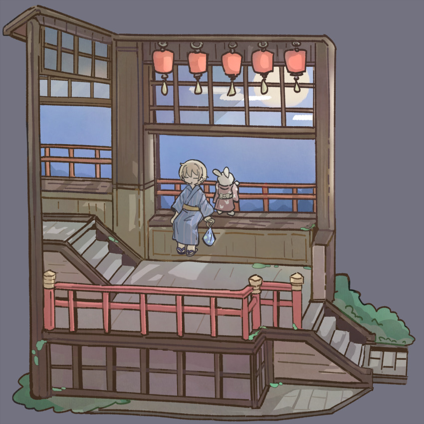 1girl animal bag blonde_hair blue_kimono chigu closed_eyes closed_mouth clothed_animal commentary_request floorplan highres japanese_clothes kimono lantern long_sleeves original rabbit red_kimono sandals short_hair sitting solo stairs wide_sleeves