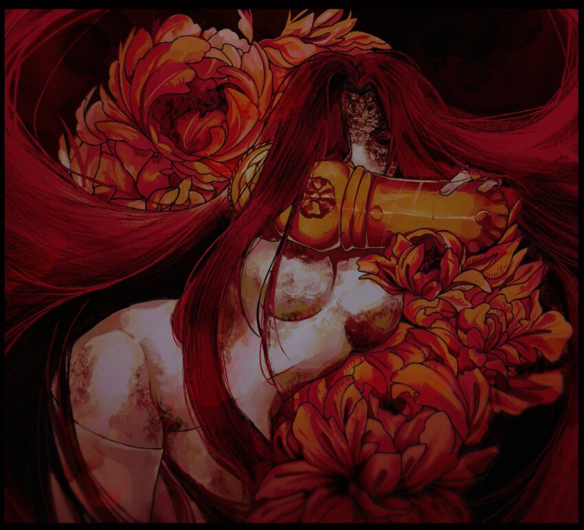 1girl amputee commentary covering_own_mouth cowboy_shot curtained_hair elden_ring english_commentary floral_background fromsoftware knightaout leaning_to_the_side long_hair malenia_blade_of_miquella malenia_goddess_of_rot mechanical_arms prosthesis prosthetic_arm prosthetic_leg red_hair red_theme single_mechanical_arm solo