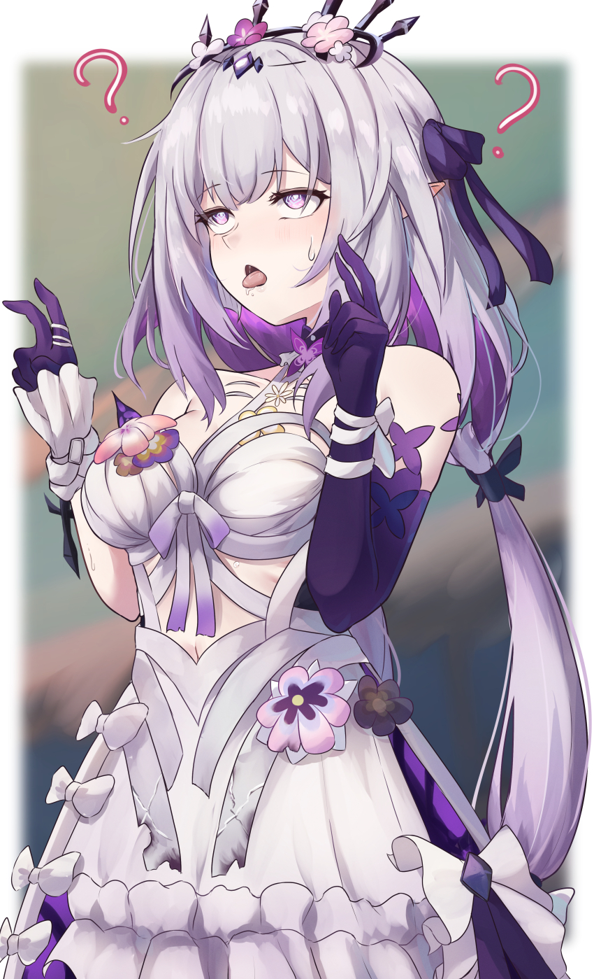 1girl ? absurdres bare_shoulders breasts castorice_(honkai:_star_rail) cowboy_shot dress flower grey_hair hair_flower hair_ornament hair_ribbon hands_up highres honkai:_star_rail honkai_(series) long_hair medium_breasts open_mouth pink_flower pointy_ears purple_eyes purple_ribbon ribbon solo standing tiara tongue tongue_out very_long_hair white_dress wimawi wrist_cuffs wrist_ribbon