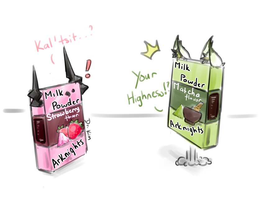 ! absurdres animal_ear_fluff animal_ears arknights artist_name black_horns cat_ears commentary demon_horns dr.kim drink_carton english_commentary english_text flying green_hair highres horns kal'tsit_(arknights) milk milk_carton smoke theresa_(arknights) white_background