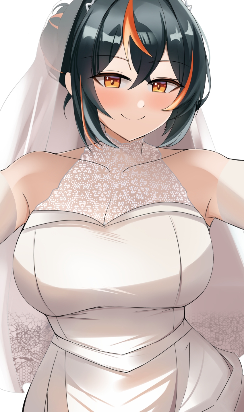 1_renzxu 1girl absurdres bare_shoulders black_hair blush breasts collarbone commentary dress english_commentary hair_bun highres large_breasts looking_at_viewer orange_eyes orange_hair smile solo wedding_dress zenless_zone_zero zhu_yuan