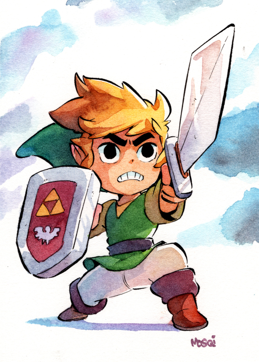 1boy artist_name blonde_hair boots clenched_teeth commentary english_commentary frown full_body green_hat green_shirt hat highres holding holding_shield holding_sword holding_weapon link male_focus mosqi nintendo pants pointy_ears shield shirt solo sword teeth the_legend_of_zelda the_legend_of_zelda:_the_wind_waker toon_link tunic weapon white_pants