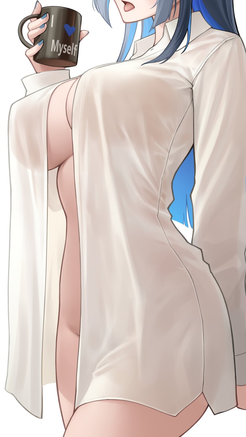 1girl absurdres blue_hair blue_nails bottomless breasts colored_inner_hair commentary cup english_commentary head_out_of_frame highres holding holding_cup hololive hololive_english large_breasts long_hair multicolored_hair naked_shirt open_clothes open_mouth open_shirt ouro_kronii oversized_clothes oversized_shirt see-through_clothes shirt simple_background solo somebody_(leiking00) tongue tongue_out virtual_youtuber white_background white_shirt