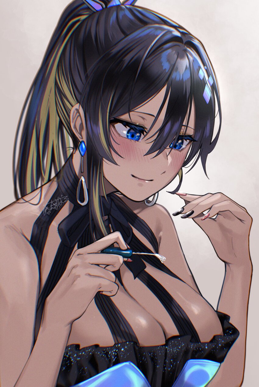 1girl absurdres bare_shoulders black_hair blonde_hair blue_dress blue_eyes blush breasts cleavage closed_mouth colored_inner_hair commentary dark-skinned_female dark_skin dress earrings fujisaki_subaru goddess_of_victory:_nikke hair_ornament high_ponytail highres holding jewelry large_breasts long_hair multicolored_hair multicolored_nails nail_polish noise_(nikke) ponytail sleeveless sleeveless_dress smile solo two-tone_hair