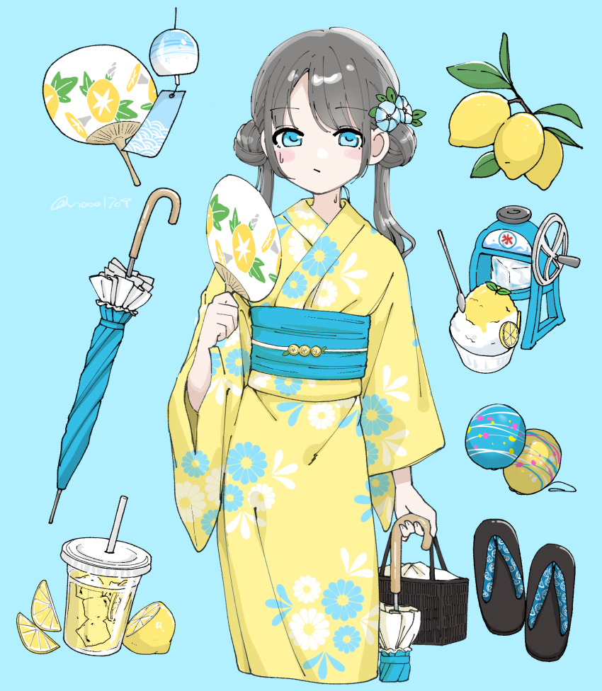 1girl bag blue_background blue_eyes closed_umbrella commentary_request cowboy_shot cup disposable_cup double_bun flower food fruit hair_bun hair_flower hair_ornament hand_fan highres holding holding_bag holding_fan holding_umbrella ice_shaver japanese_clothes kimono lemon long_hair nozawa_(nooo1709) obi original paper_fan sash shaved_ice solo standing uchiwa umbrella yellow_kimono