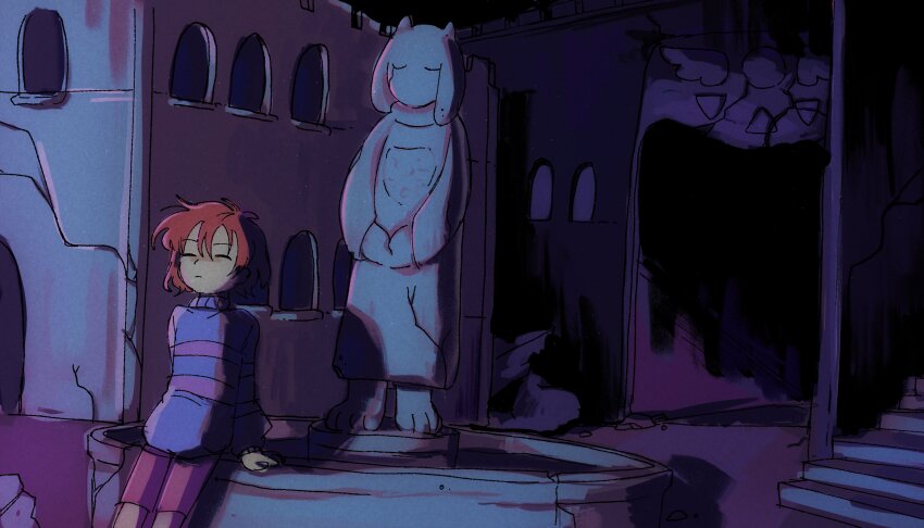 1other absurdres blue_sweater brown_hair commentary delta_rune_(symbol) double_horizontal_stripe english_commentary frisk_(undertale) highres kira_(marshukitty) long_sleeves short_hair stairs statue sweater toriel undertale utdr_(toby_fox)