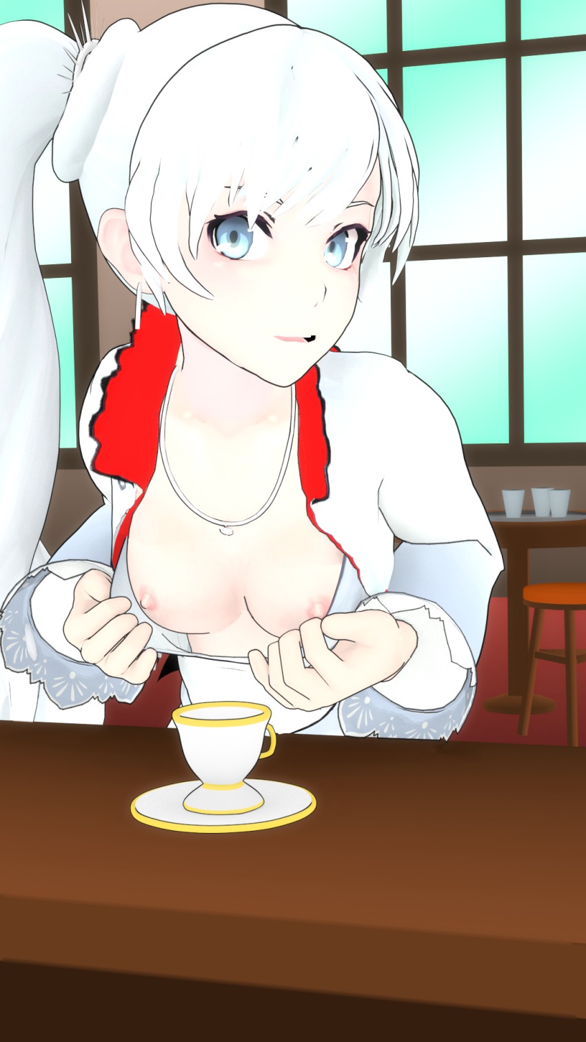 1girl 3d blue_eyes breasts cafeteria clothes_pull cup earrings flashing high_collar highres jewelry long_hair long_sleeves looking_at_viewer lvl3toaster necklace nipples no_bra open_mouth rwby scar shirt_pull side_ponytail small_breasts smile table teacup upper_body weiss_schnee white_hair window