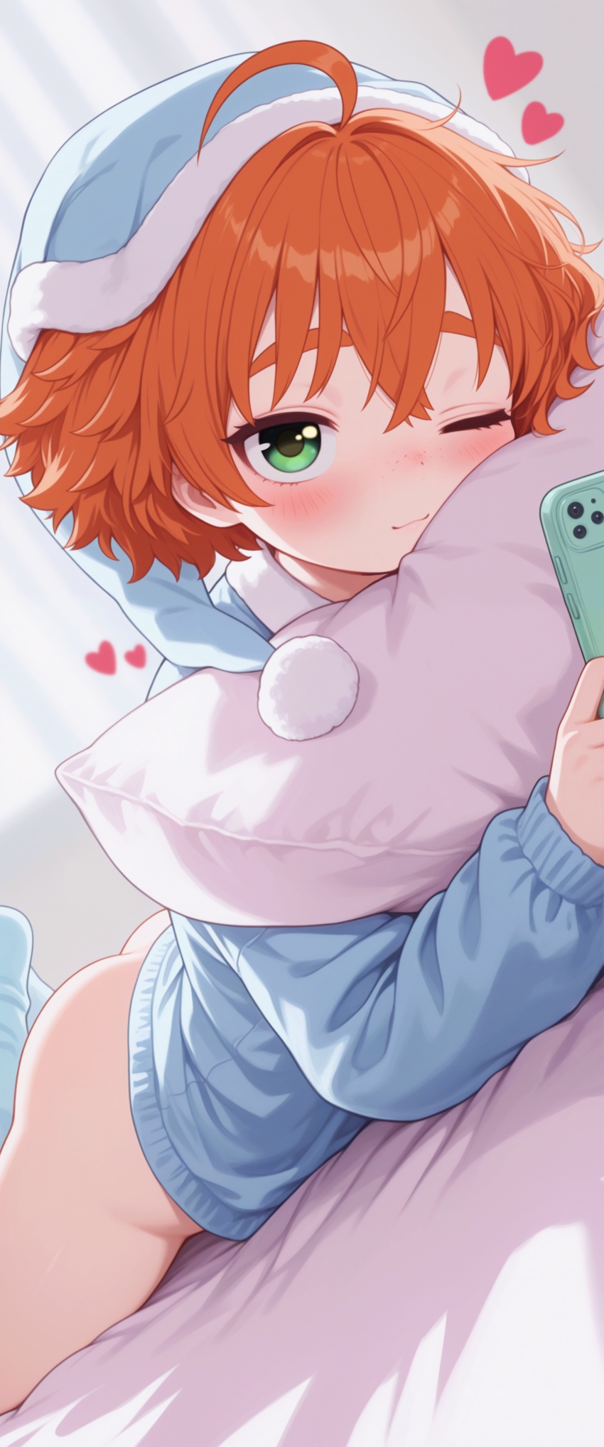 1girl :3 ;) absurdres ahoge ai-assisted ass bed bed_sheet bedroom blurry blurry_background blush bottomless camera cellphone cheek_press closed_mouth covering_breasts covering_crotch covering_privates crossed_bangs face_in_pillow feet feet_up female_focus flat_chest freckles green_eyes hair_between_eyes happy hat heart highres hina_kurosawa holding holding_pillow hug hugging_object incredibly_absurdres indoors loli looking_at_viewer lying nightcap on_bed one_eye_closed orange_hair original paid_reward_available pajamas perspective phone pillow pillow_grab pillow_hug pom_pom_(clothes) pov presenting seductive_gaze seductive_smile self-upload selfie sexually_suggestive short_hair simple_background sleepwear smile socks solo solo_focus spread_legs taking_picture thighs wink
